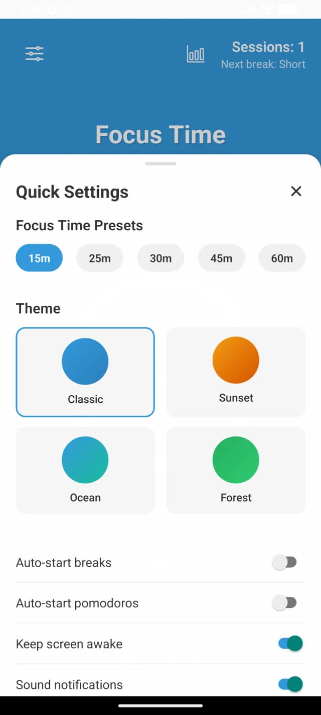 TimeZen settings and theme picker screen